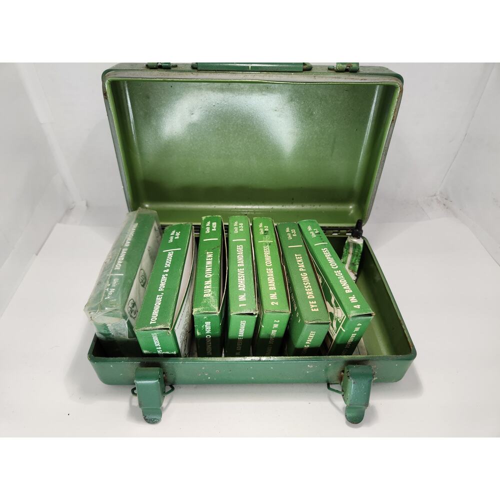 Bullard Vintage Green Metal First Aid Kit Box with Partial Contents -Collectible